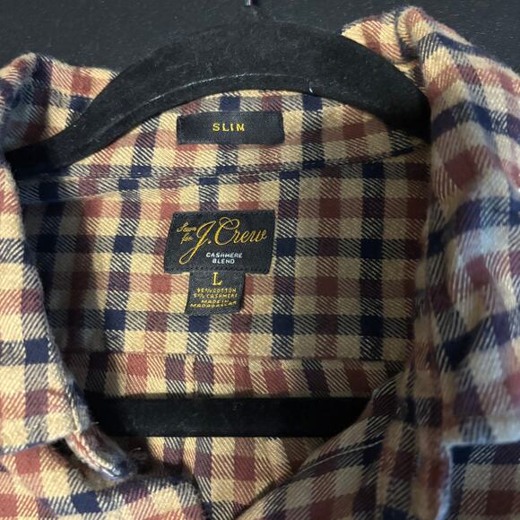 J. Crew Gingham Tan Maroon Blue Cashmere Blend Button Down Flannel Shirt Size L - Picture 6 of 7